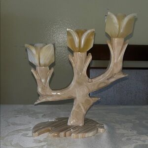 Vintage Alabaster Elegant Cream and Yellow Candle Holder